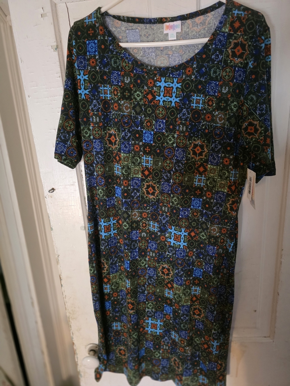 LuLaRoe Maxi Dress in Black with Blue and Orange Tile Print